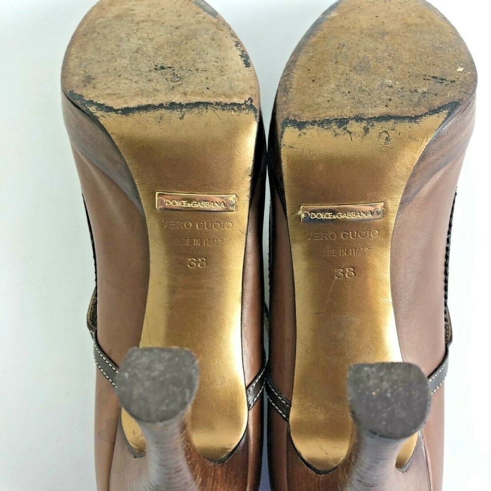 Dolce Gabbana 38 Two Tone Brown Leather Heels Wood - Picture 8 of 8